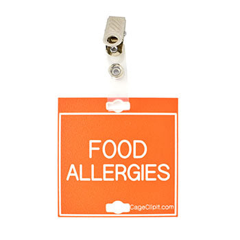 Veterinary dental orange with white text clip-its cage tag in "Food Allergies" from MAI.