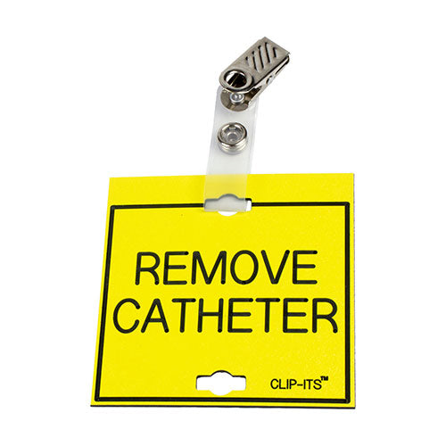 Clip-Its Cage Tag - Remove Catheter (yellow with black text)