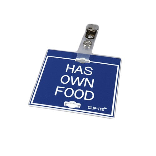 Clip-Its Cage Tag - Has Own Food (blue with white text)