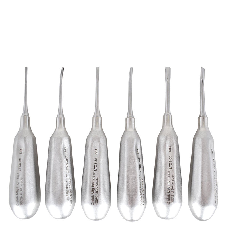 Shop online for the veterinary dental Cislak 6 Piece Luxator Kit (Straight & Inside Curved), crafted from stainless steel & available for sale in XS & REG.