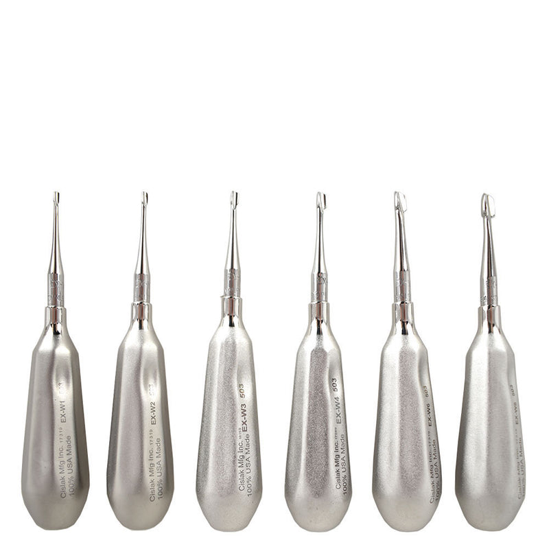 Shop online for the veterinary dental Cislak Expanded Winged Elevator Kit with 6 pieces (W1-4, 6 & 8). Available for purchase in x-small as well as regular.