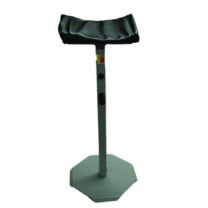 Veterinary dental quik lift equine headrest in cradle style. This product has a tip-resistant base, large padded platform, twist-proof square shank and a height adjustable lock.