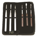 Veterinary dental 3 Piece Equine Incisor Elevator Set that includes 3 stainless steel non-winged elevators (1 straight & 2 curved) and 3 wood handled stainless steel winged elevators.