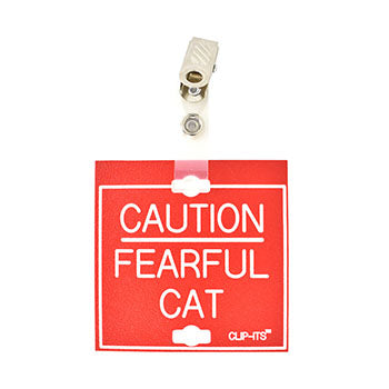 Veterinary dental red with white text clip-its cage tag in "Fearful Cat" from MAI.