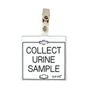Veterinary dental white with black text clip-its cage tag in "Collect Urine Sample" from MAI. 