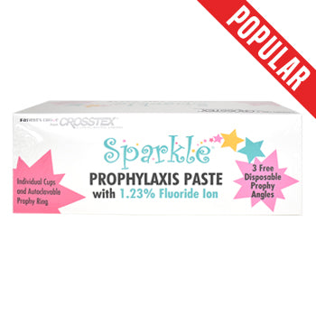 Shop online at Serona for the veterinary dental Crosstex Sparkle Free Prophy Paste, which has 1.23% fluoride in the flavour fine bubble gum & 200 cups/box.